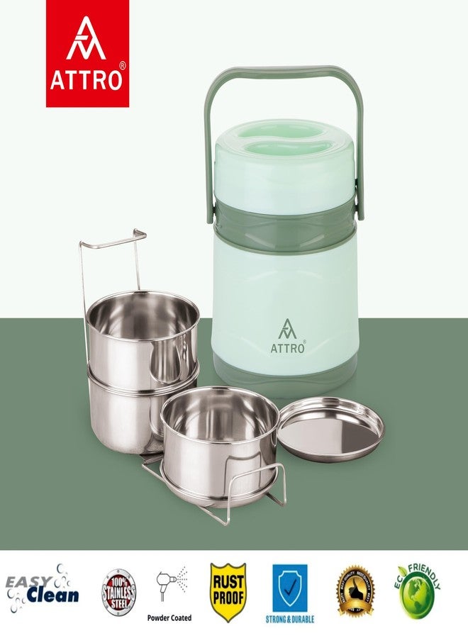 ATTRO Vogue 3 Insulated Stainless Steel Tiffin - 3 Tier Lunch Box with Carry Handle, BPA-Free, Leak-Proof & Durable, Ideal for School, Office, Home, Travel, Picnic & Daily Use - Green - Image 3